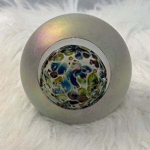 Iridescent Glass Art Paperweight with Blue-Green Swirl